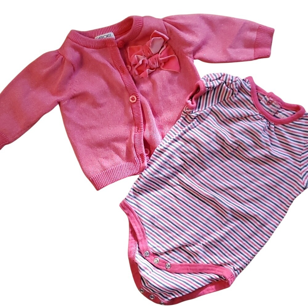 Cherokee Girls 3M Coral Shimmer Sweater and Matching‎ Striped Onesie Set
